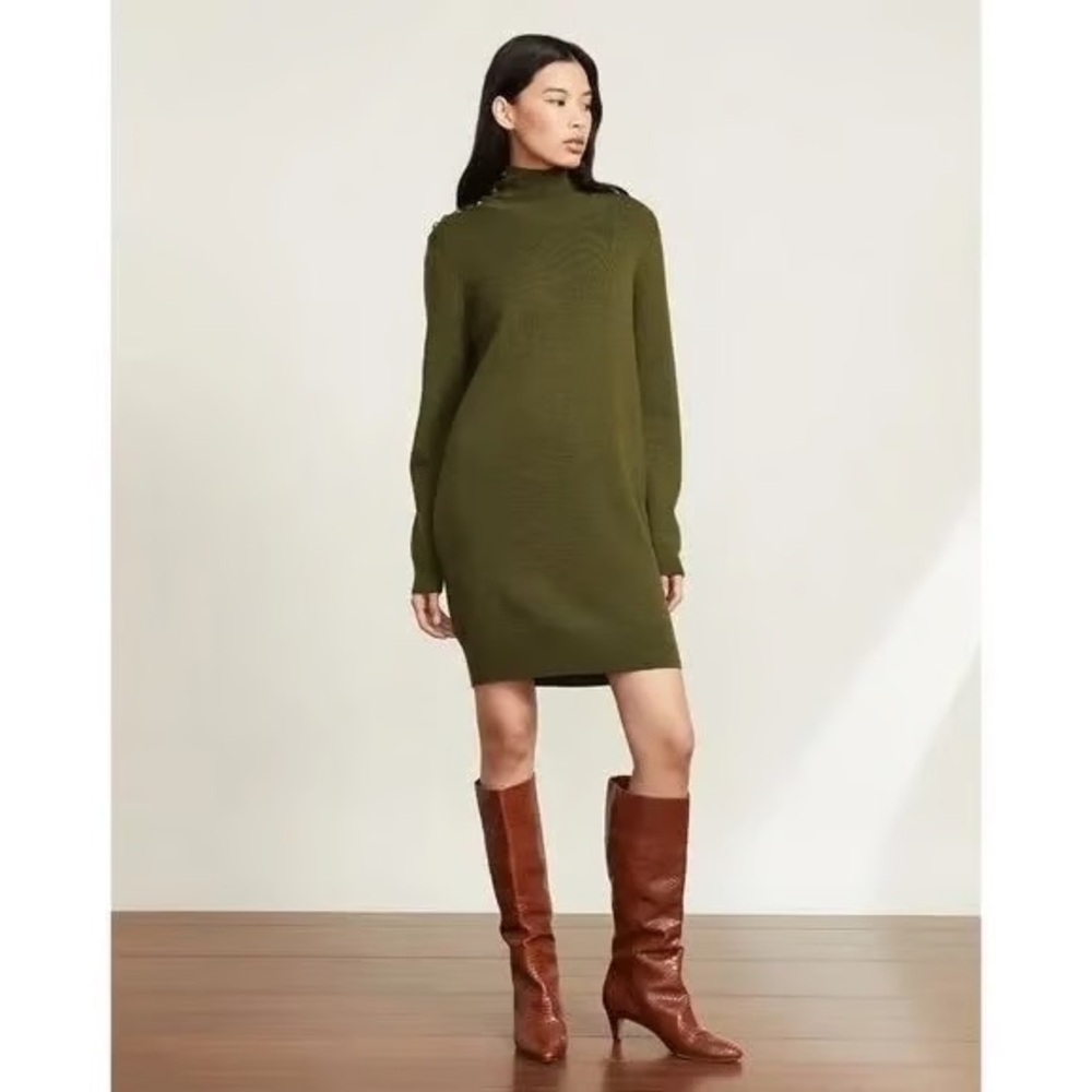 Veronica Beard Olive Green Long Sleeve Turtleneck Sweater Dress